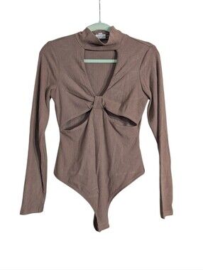 Le Lis Mocha Ribbed Cutout Twist Bodysuit Mock Neck Long Sleeve M